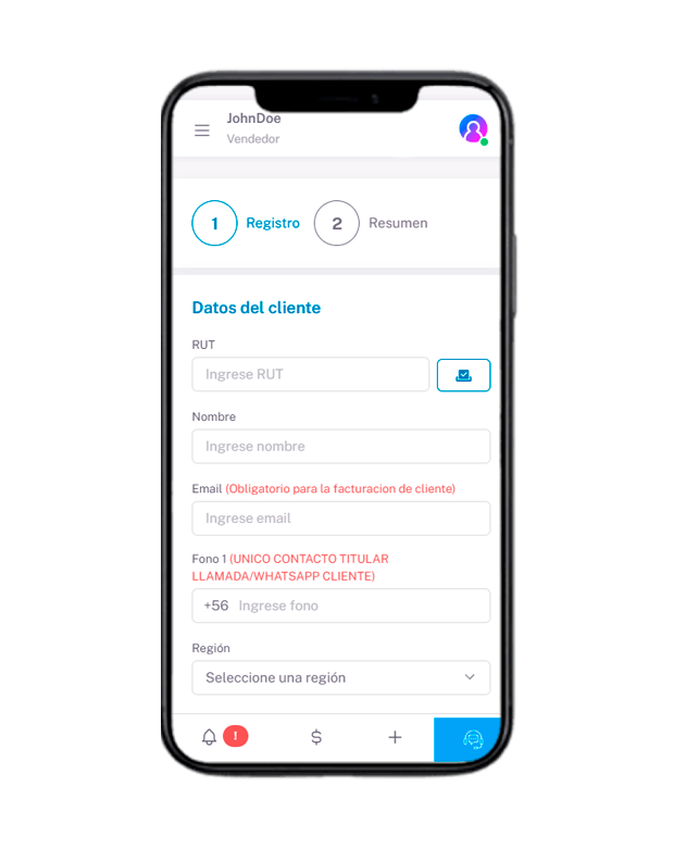 Pantalla del CRM para registrar una venta