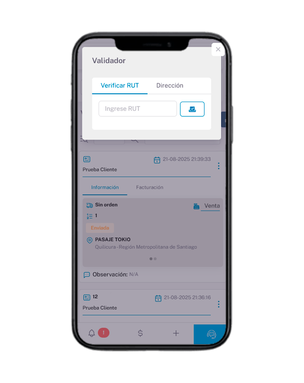 Pantalla del CRM para validar un RUT